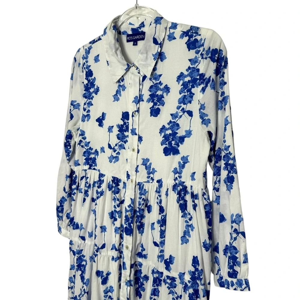 Ro’s Garden | Jinette Floral Cotton Tiered Maxi Shirtdress in Ines Blue Small - Picture 3 of 8
